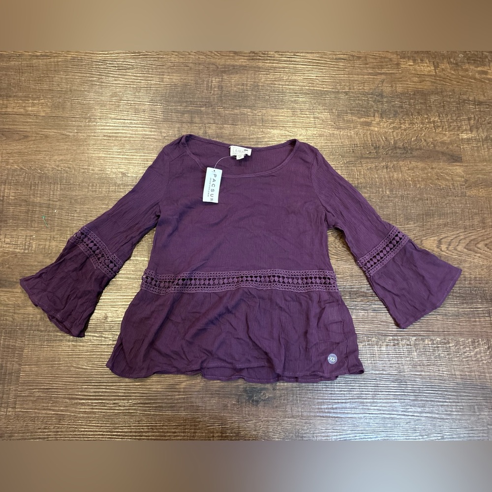 Purple Long Bell Sleeve Top with Crochet Detail